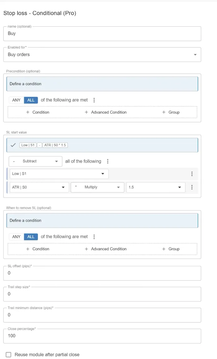 stop loss conditional - pro module setup with ATR