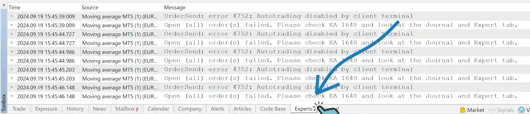 Errors visible on the Experts tab