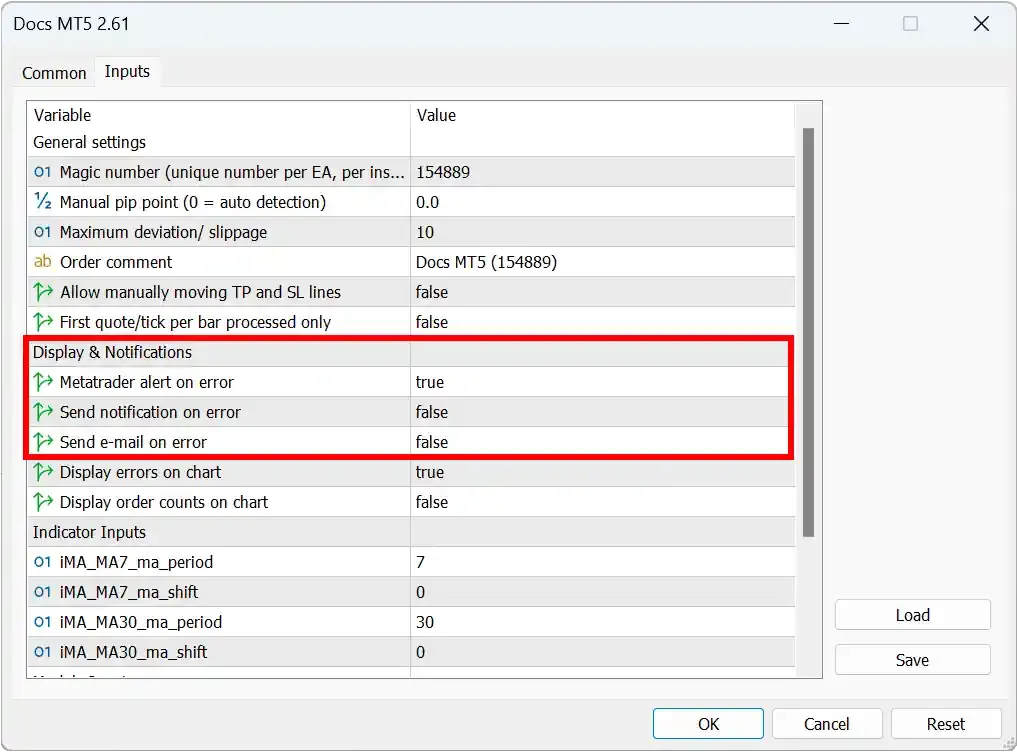 MT5 EA Inputs for alerts and notifications