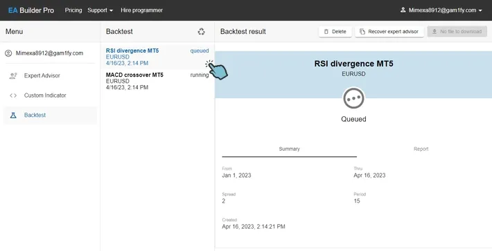 Backtest detail - Select a backtest so you can view more detailed information
