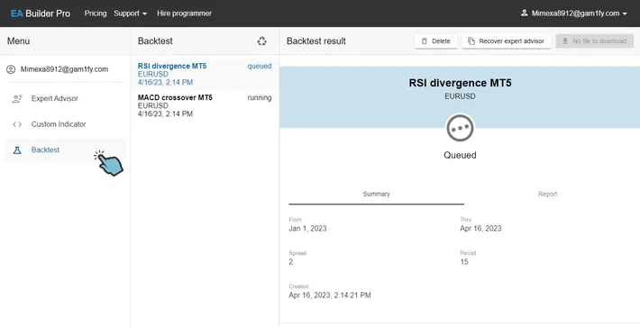 Backtest overview - Backtest waiting in queue to be processed
